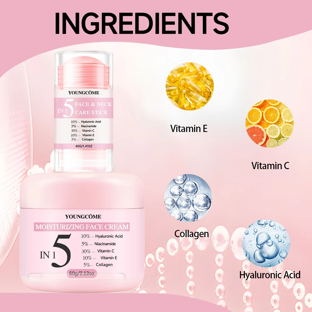 2-piece set Hydrating Skincare Set: Face Moisturizer Cream + Neck Care Stick with Hyaluronic Acid, Niacinamide, Vitamin C & E fo