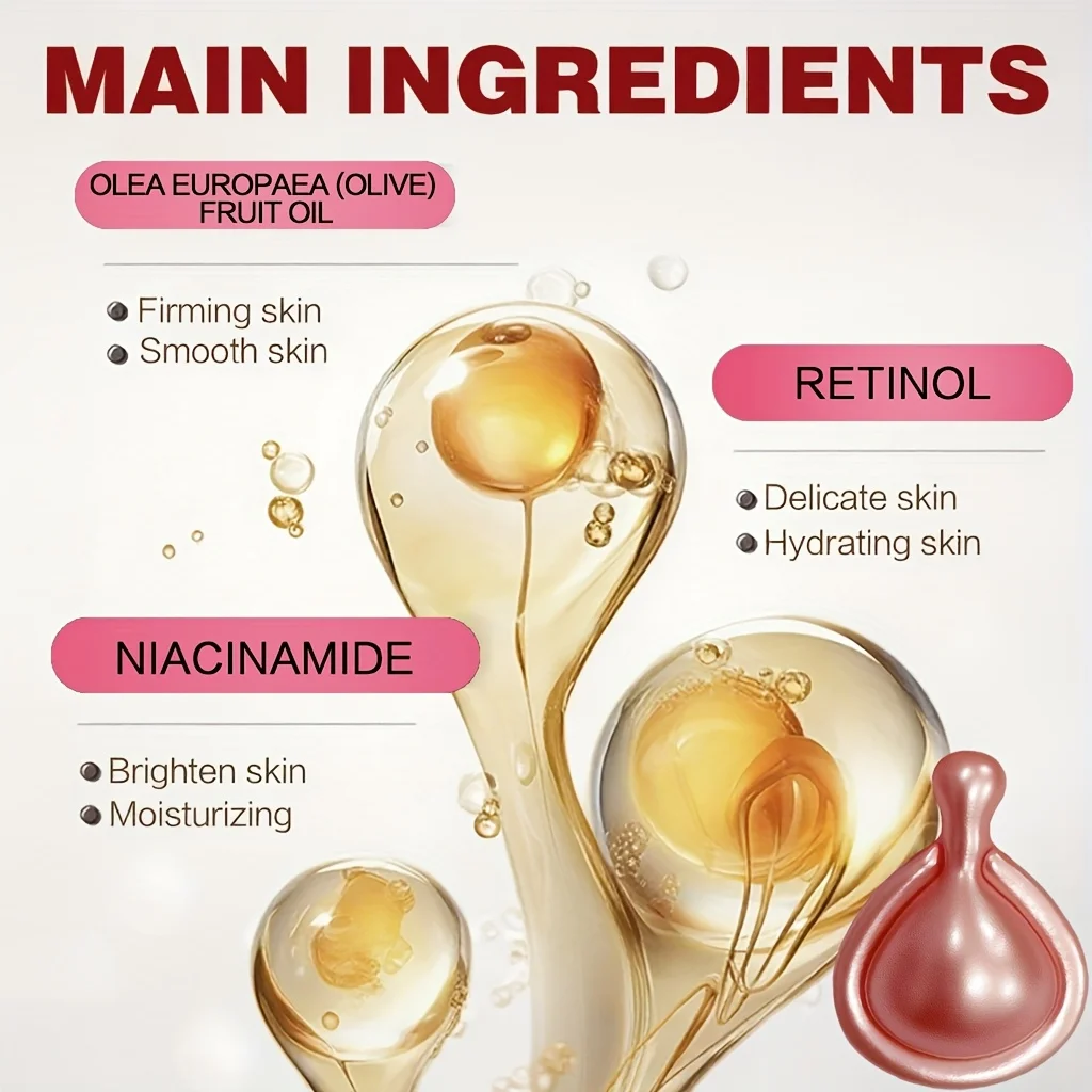 Niacinamide Facial Essence Capsules, Containing Retinol, Olive Fruit Oil, Gardenia Extract, Brighten Skin Tone, Moisturize and Hydrate, Smooth and Refine Skin (0.5Gx30 Capsules)/Bag