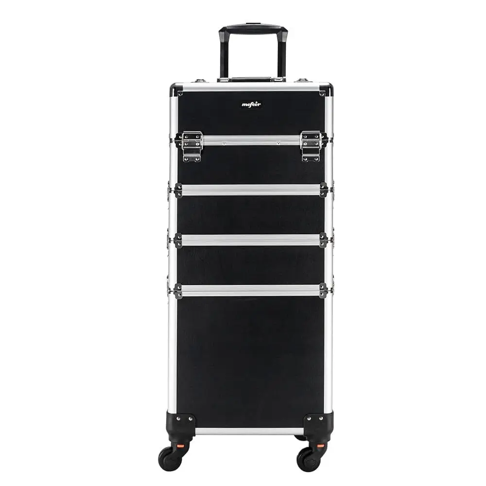 Aluminum 4-in-1 Rolling Makeup Train Case, Portable Travel Organizer with Wheels, Lockable Beauty Storage Suitcase (Black)