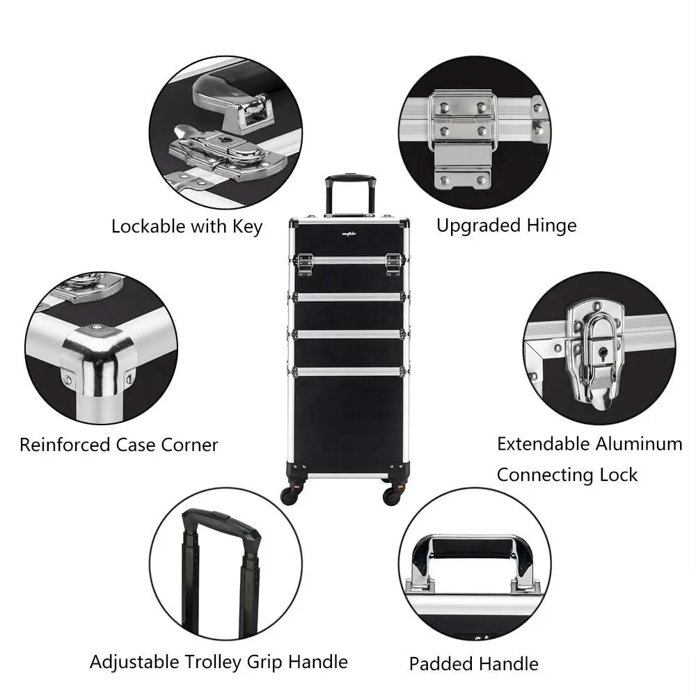 Aluminum 4-in-1 Rolling Makeup Train Case, Portable Travel Organizer with Wheels, Lockable Beauty Storage Suitcase (Black)