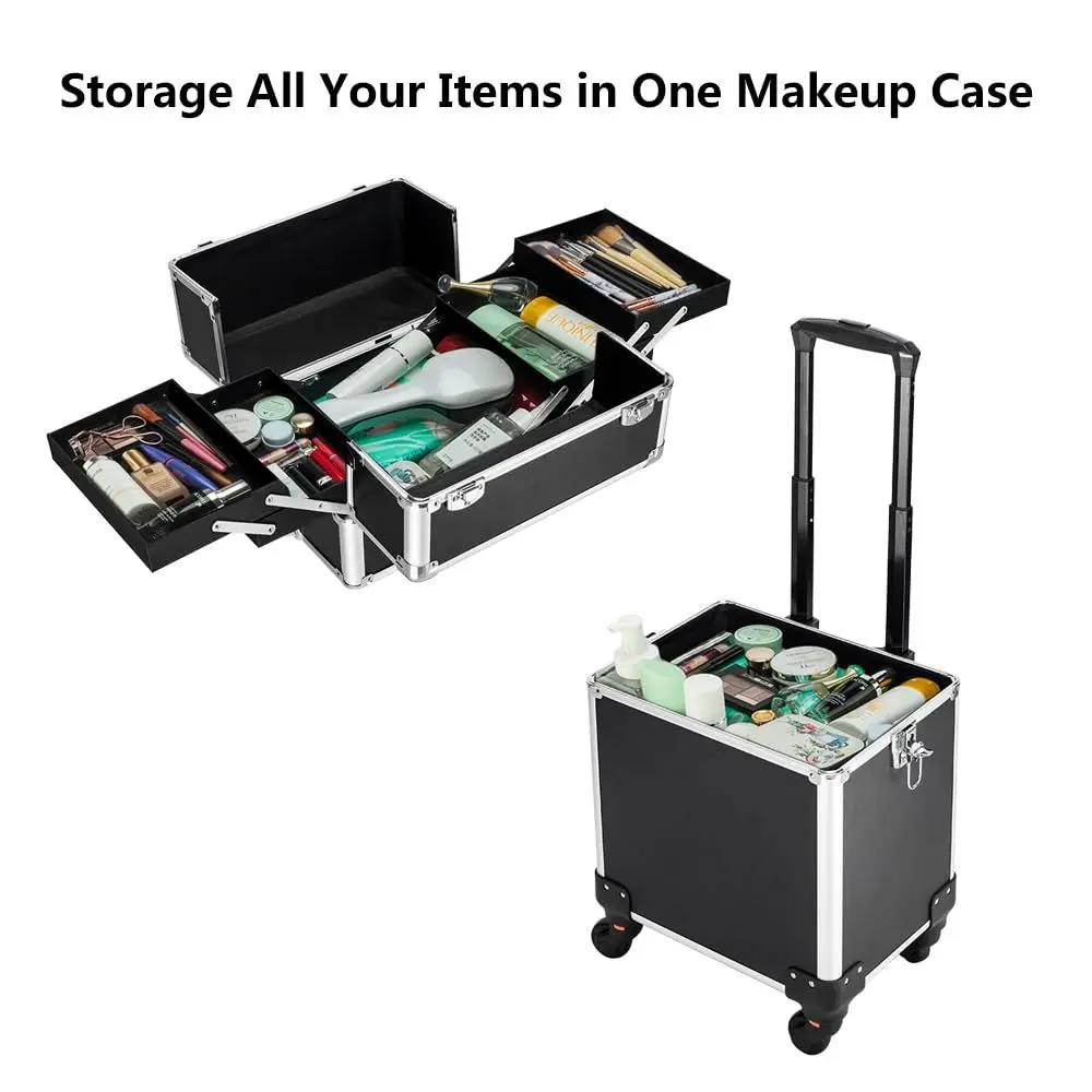Aluminum 4-in-1 Rolling Makeup Train Case, Portable Travel Organizer with Wheels, Lockable Beauty Storage Suitcase (Black)