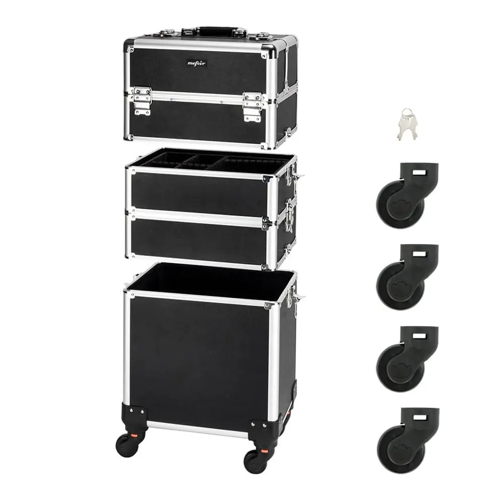 Aluminum 4-in-1 Rolling Makeup Train Case, Portable Travel Organizer with Wheels, Lockable Beauty Storage Suitcase (Black)
