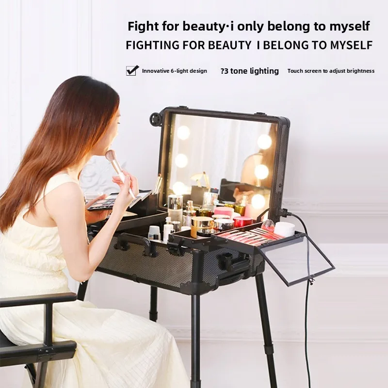Large Capacity Professional Lighted Rolling Makeup Case for Stylists Travel Makeup Organizer Large Capacity Aluminum Makeup Case