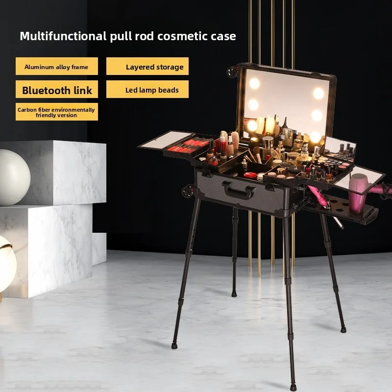 Large Capacity Professional Lighted Rolling Makeup Case for Stylists Travel Makeup Organizer Large Capacity Aluminum Makeup Case