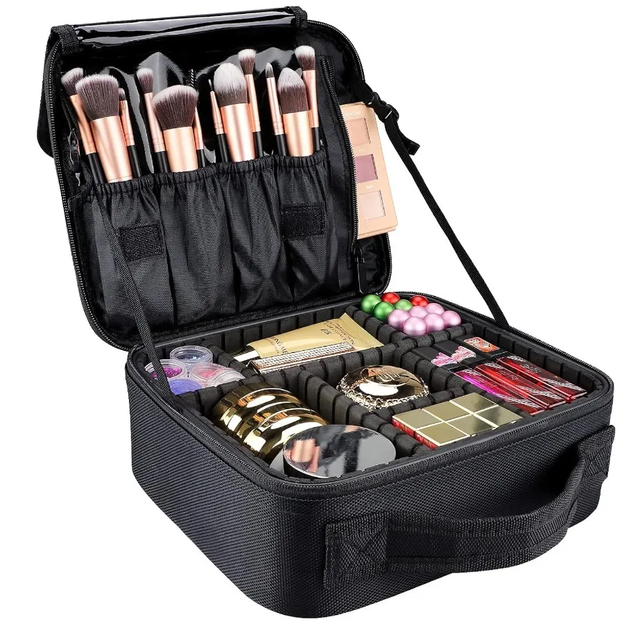 Travel cosmetic bag women's portable cosmetic case professional cosmetic storage box with adjustable dividers can store makeup