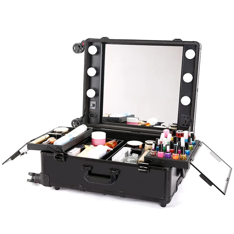 Aluminium Magnesium Alloy Adjustable LED Lighted Makeup Case Large Capacity Trolley Multifunction Mirror Onboard Vanity Box