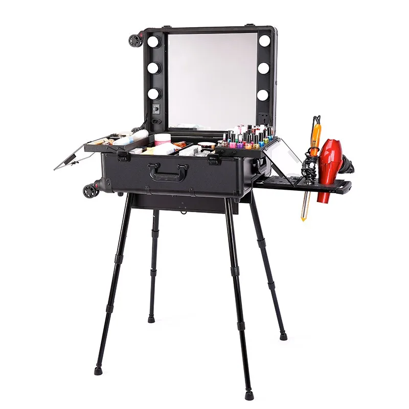 Aluminium Magnesium Alloy Adjustable LED Lighted Makeup Case Large Capacity Trolley Multifunction Mirror Onboard Vanity Box