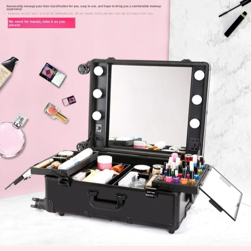 Aluminium Magnesium Alloy Adjustable LED Lighted Makeup Case Large Capacity Trolley Multifunction Mirror Onboard Vanity Box