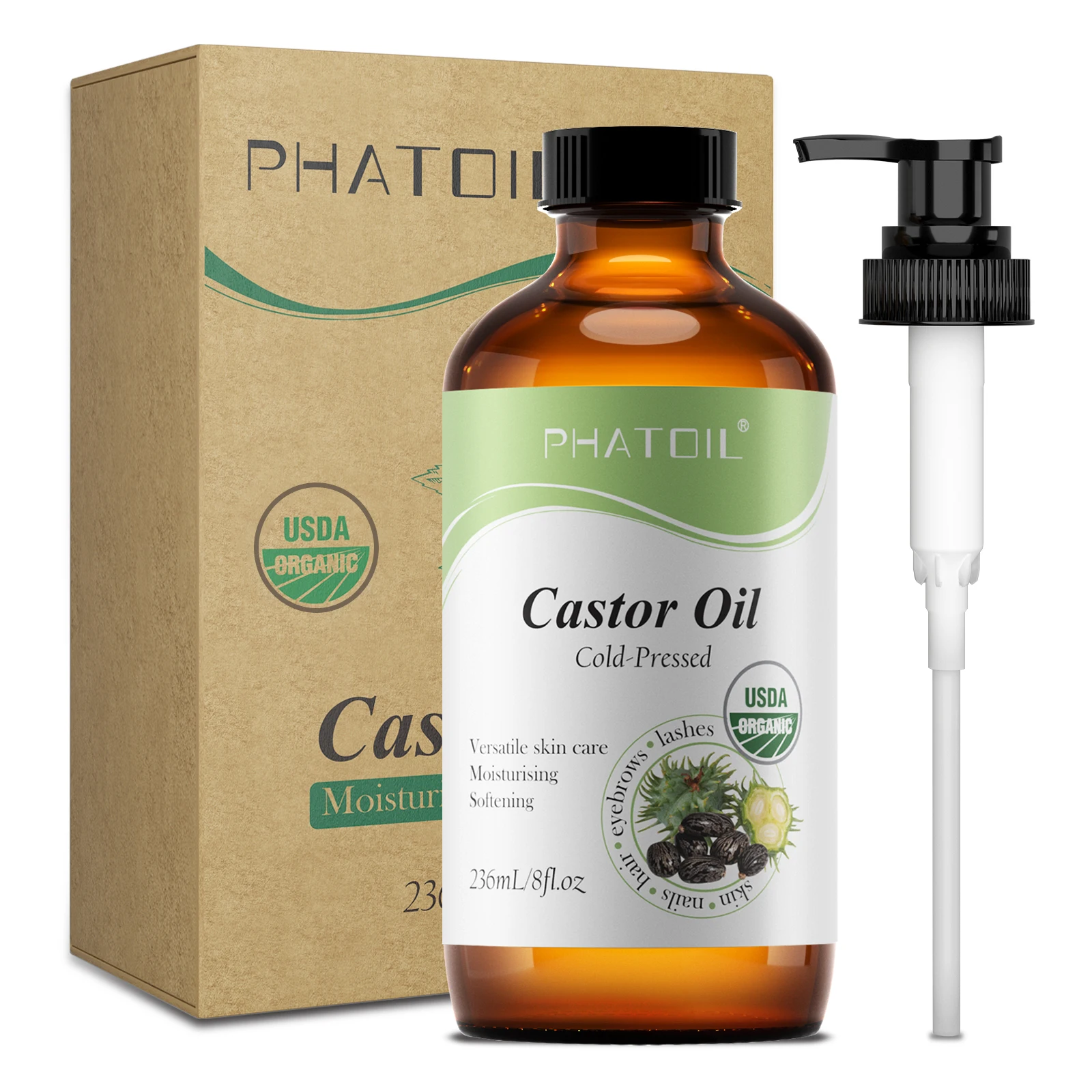 PHATOIL Organic Castor Oil Cold Pressed 100% 118ml/236ml Castor Oils For Hair Growth,Eyelashes & Eyebrows,Moisturizing Skin Care