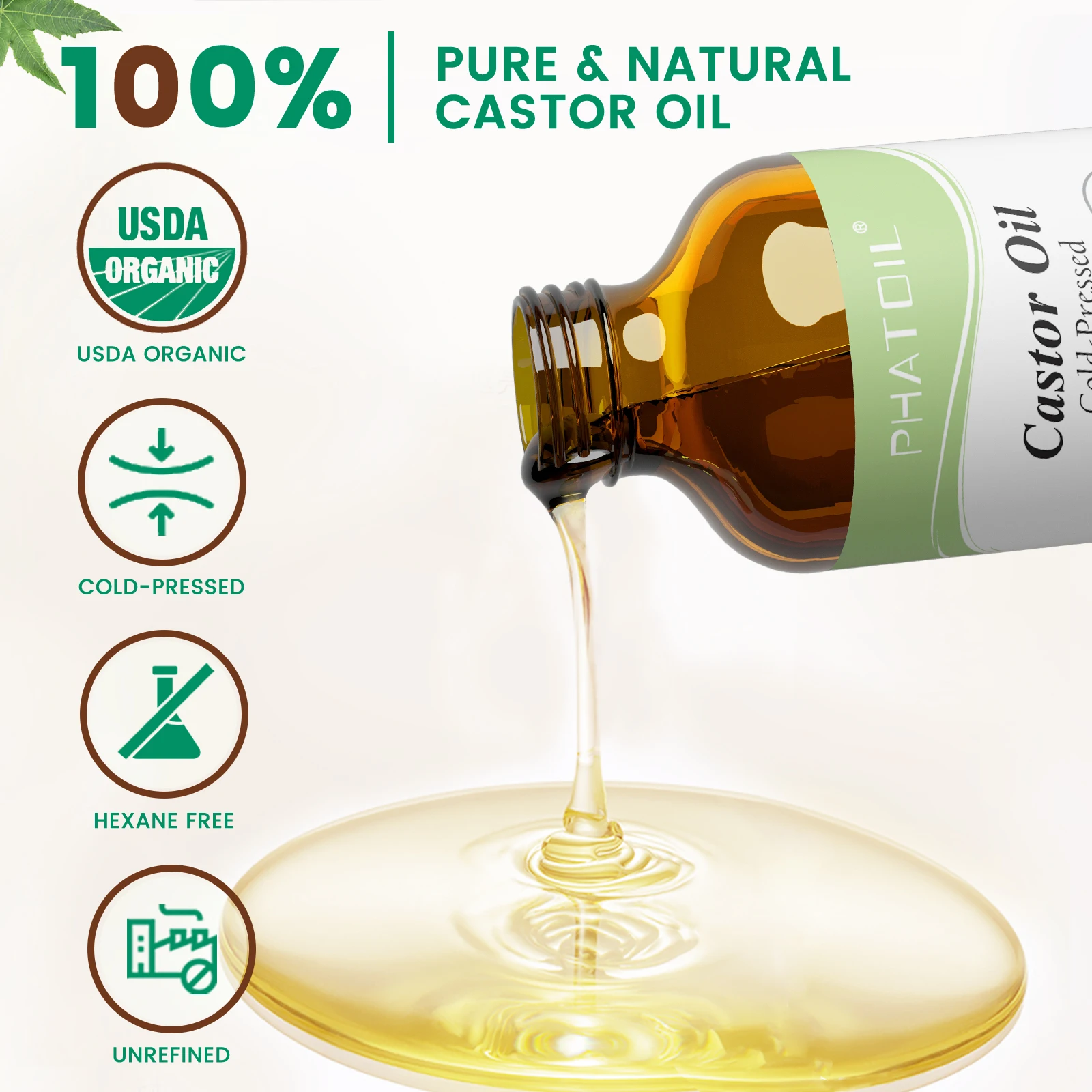 PHATOIL Organic Castor Oil Cold Pressed 100% 118ml/236ml Castor Oils For Hair Growth,Eyelashes & Eyebrows,Moisturizing Skin Care