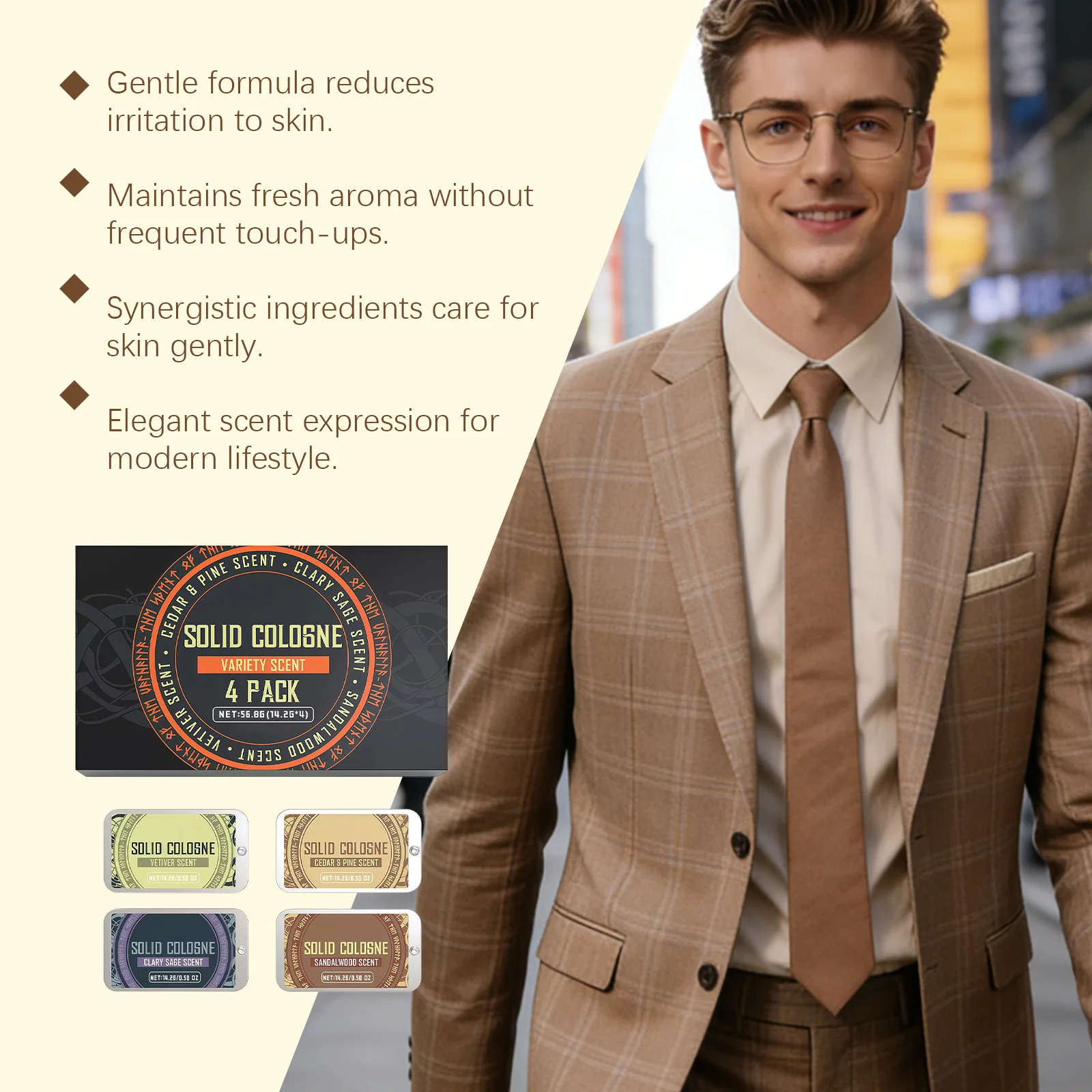 4In1 Pheromone Solid Cologne Woody Scent Set Lasting Natural Fragrance Release Charming Confidence Pocket Deodorant Solid Balm