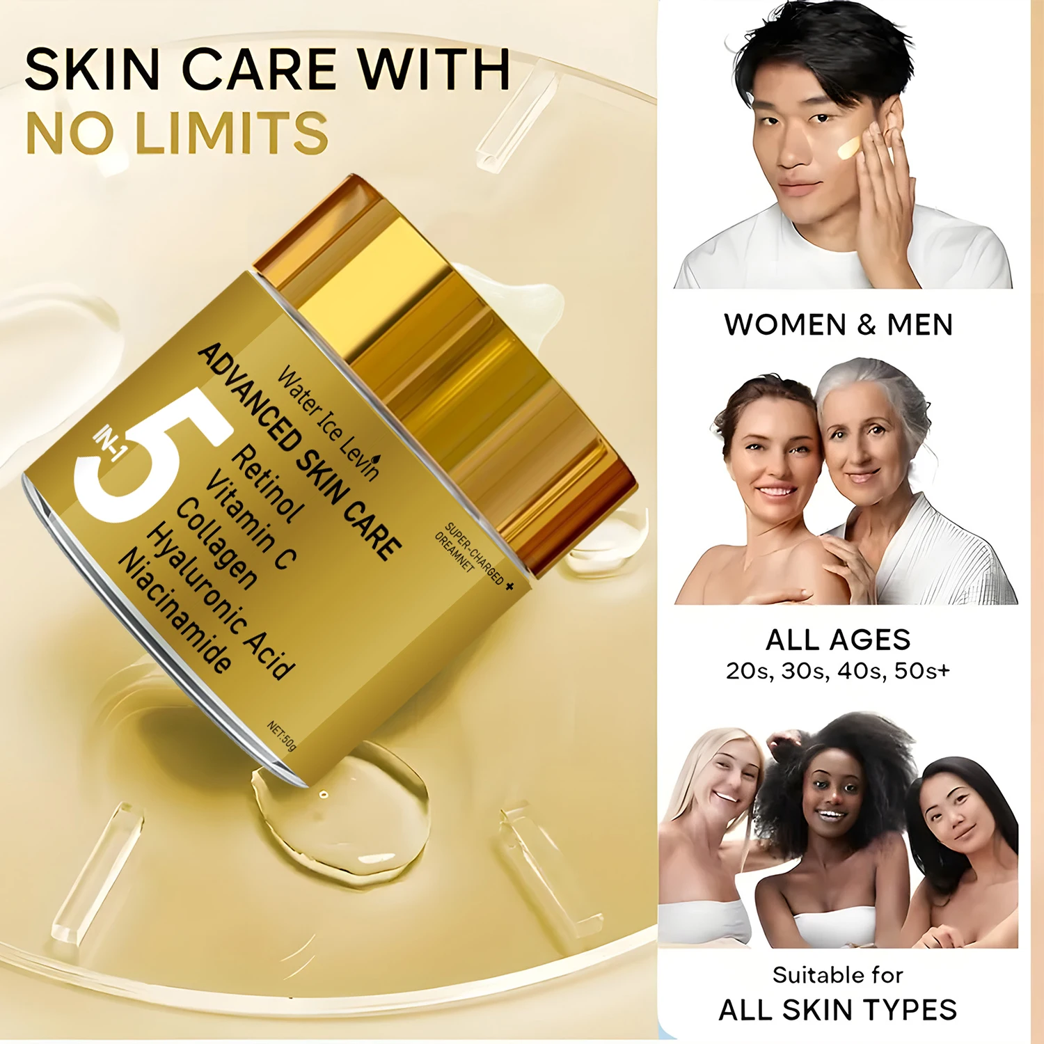 5-in-1 Facial Moisturizing Cream Containing Vitamin C, Collagen and E - Pore Moisture Formula, Suitable for All Skin Types, Non-Irritating