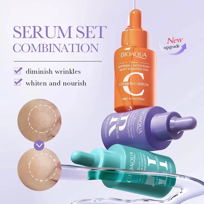 3pcs/set BIOAQUA Vitamin C Retinol Hyaluronic Acid Serum for Face Moisturizing Firming Brightening Facial Essence Skin Care Sets