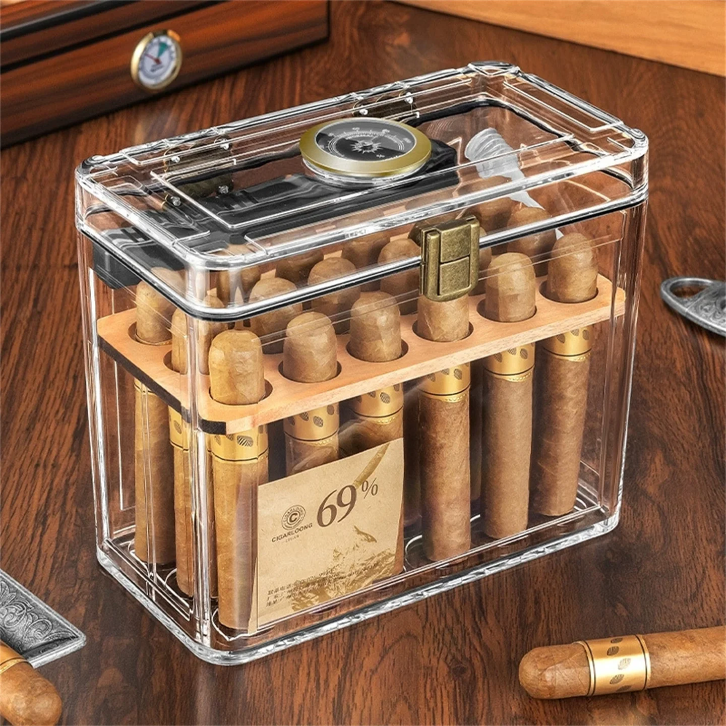Acrylic Cigar Humidor With Large Capacity - 18 Pieces, Built-In Hygrometer / Moisturizing Bag / Humidifier Cigar Mellow Box