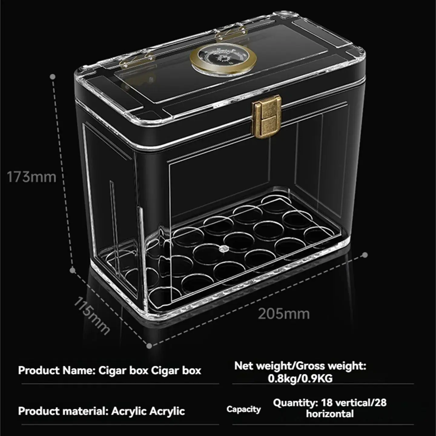 Acrylic Cigar Humidor With Large Capacity - 18 Pieces, Built-In Hygrometer / Moisturizing Bag / Humidifier Cigar Mellow Box