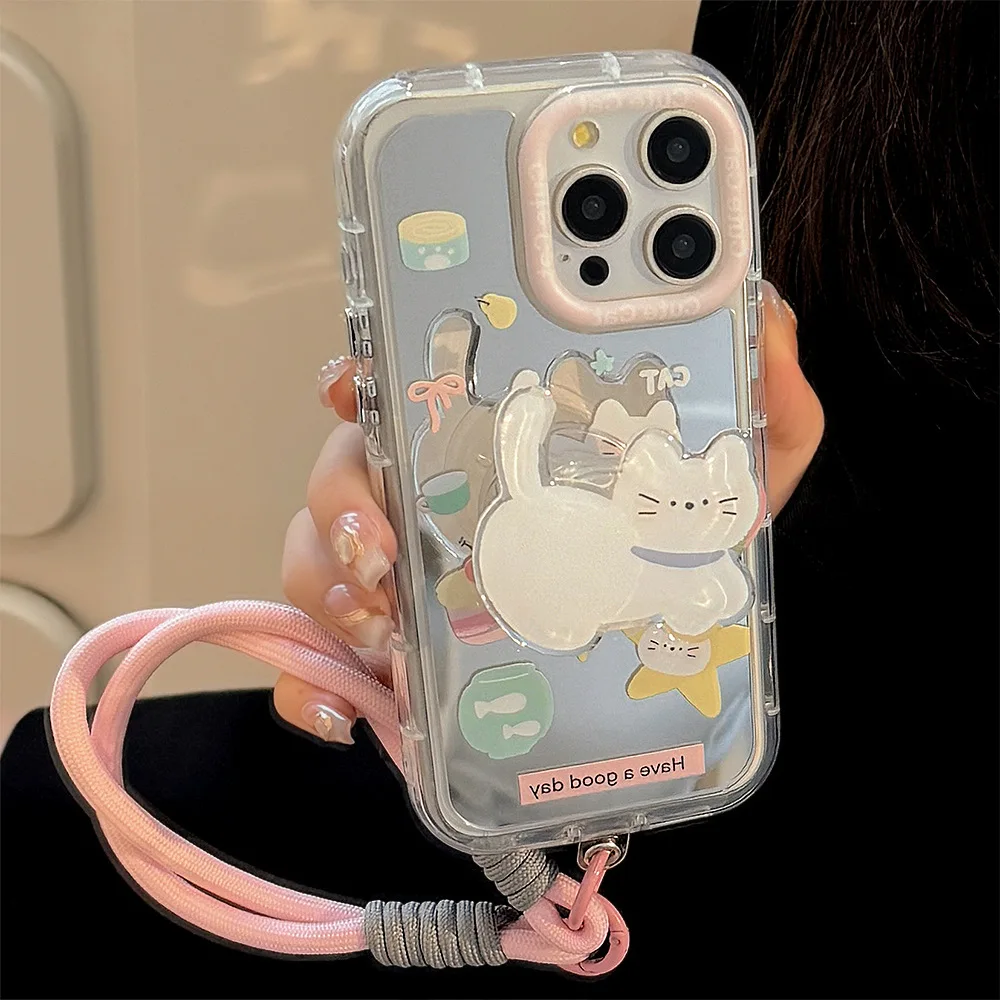 Korean Cartoon White Cat Bracket With Lanyard Makeup Mirror Phone Case for iPhone 11 12 13 14 15 16 17 Pro Max Shockproof Cover