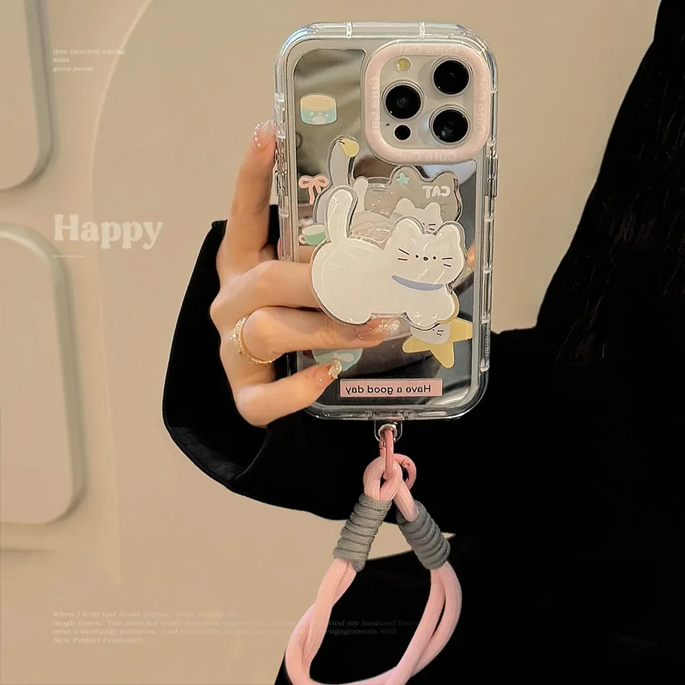 Korean Cartoon White Cat Bracket With Lanyard Makeup Mirror Phone Case for iPhone 11 12 13 14 15 16 17 Pro Max Shockproof Cover