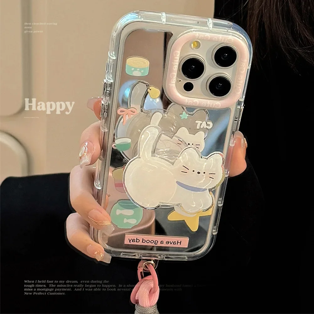 Korean Cartoon White Cat Bracket With Lanyard Makeup Mirror Phone Case for iPhone 11 12 13 14 15 16 17 Pro Max Shockproof Cover