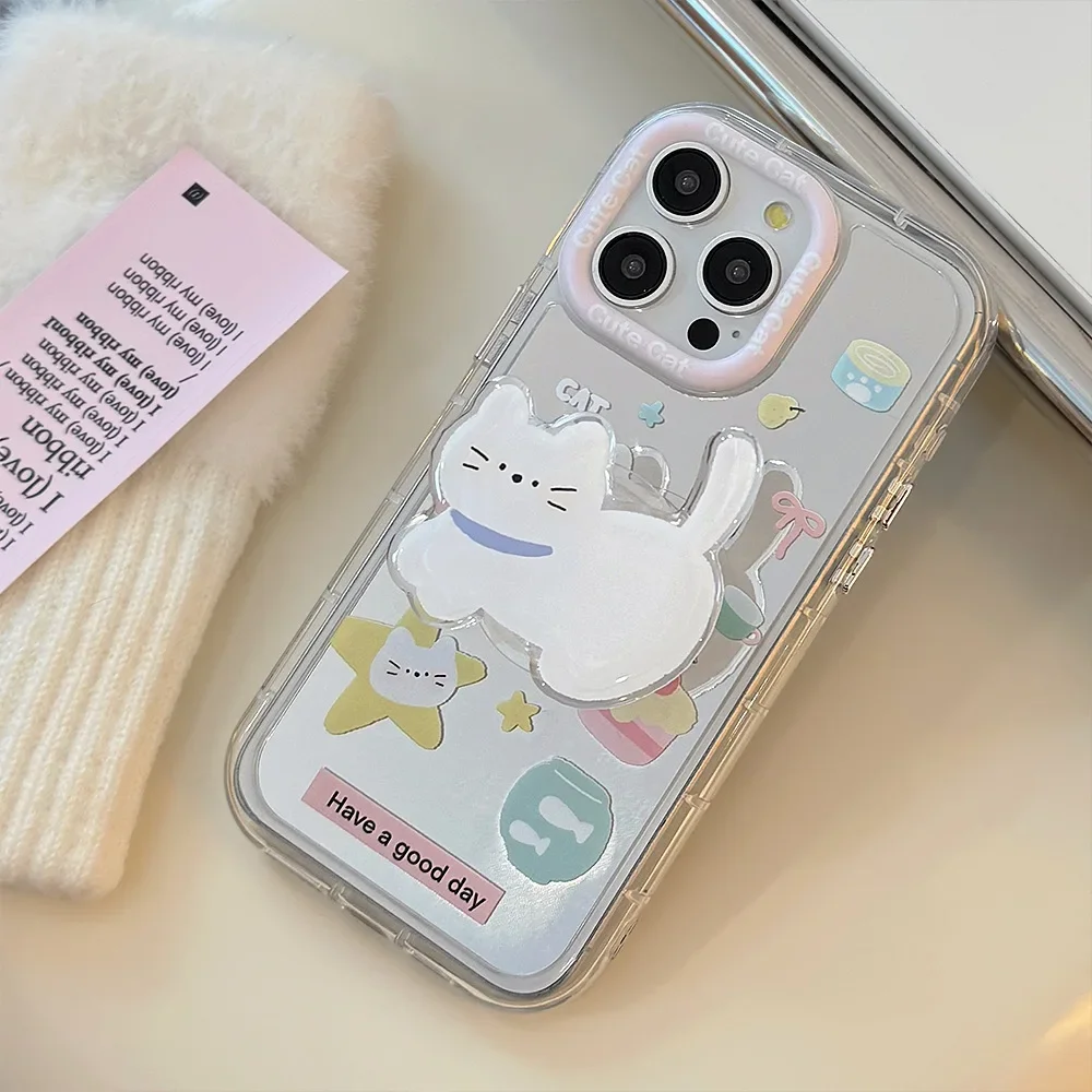 Korean Cartoon White Cat Bracket With Lanyard Makeup Mirror Phone Case for iPhone 11 12 13 14 15 16 17 Pro Max Shockproof Cover