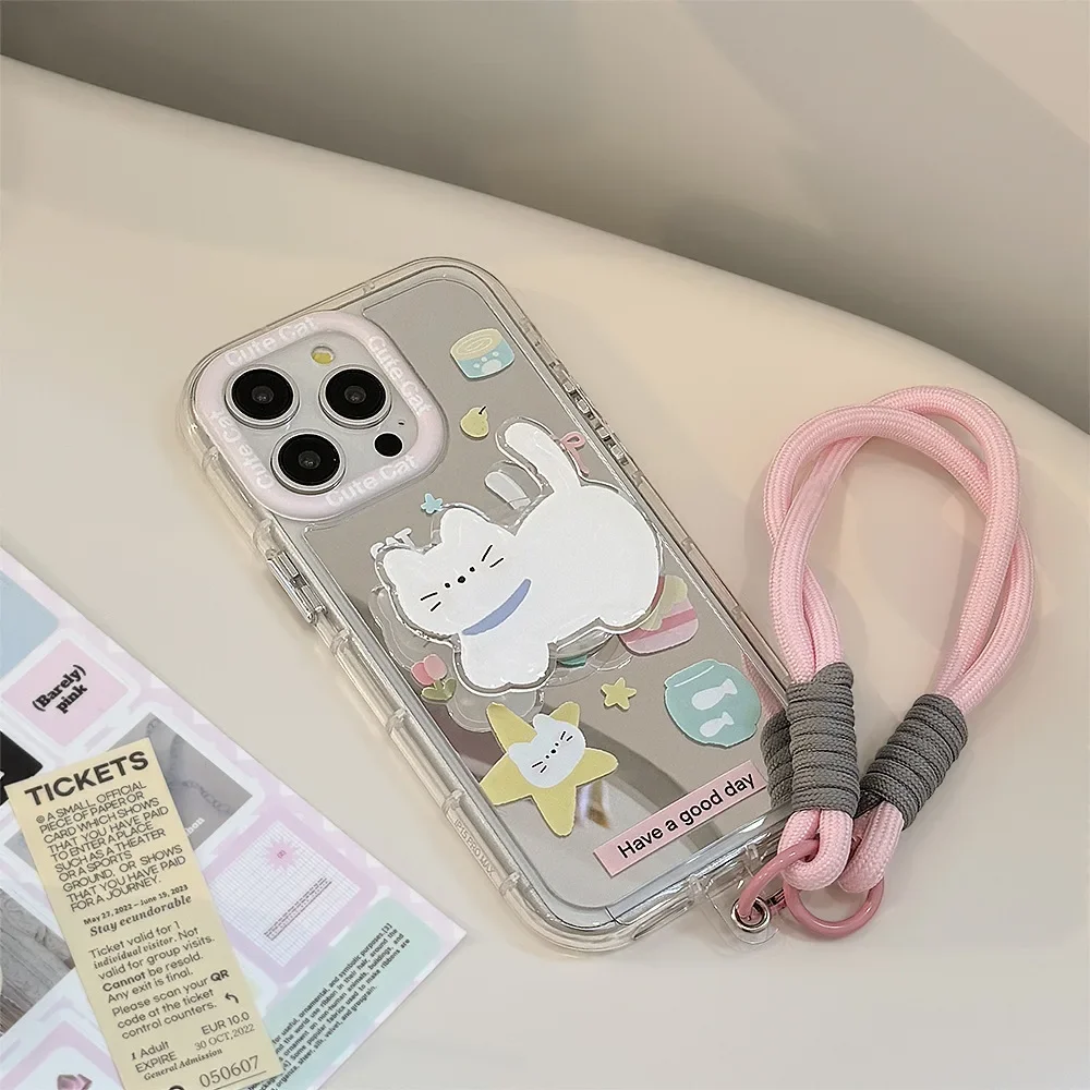 Korean Cartoon White Cat Bracket With Lanyard Makeup Mirror Phone Case for iPhone 11 12 13 14 15 16 17 Pro Max Shockproof Cover