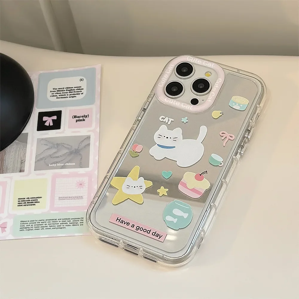 Korean Cartoon White Cat Bracket With Lanyard Makeup Mirror Phone Case for iPhone 11 12 13 14 15 16 17 Pro Max Shockproof Cover