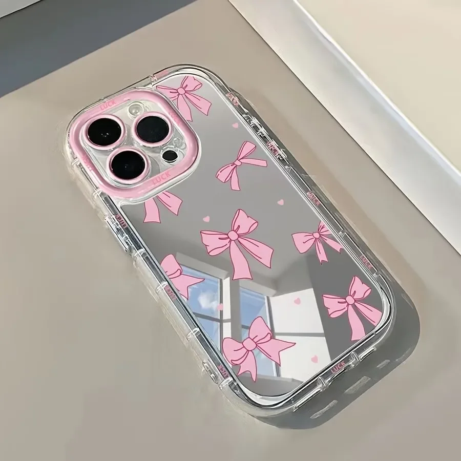Simple Blue Pink Bow Girl Cute Makeup Mirror Phone Case For iPhone 17 AIR 16 15 14 13 12 11 Pro MAX XR XSMAX 7 8 Plus Y2K Cover