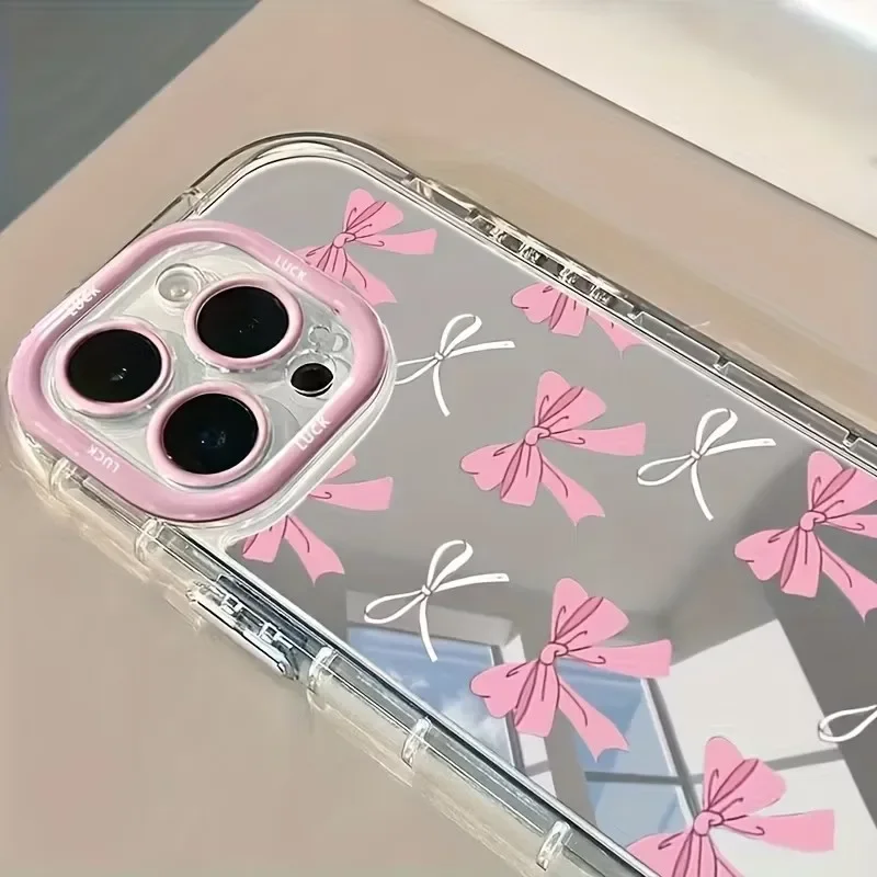 Simple Blue Pink Bow Girl Cute Makeup Mirror Phone Case For iPhone 17 AIR 16 15 14 13 12 11 Pro MAX XR XSMAX 7 8 Plus Y2K Cover