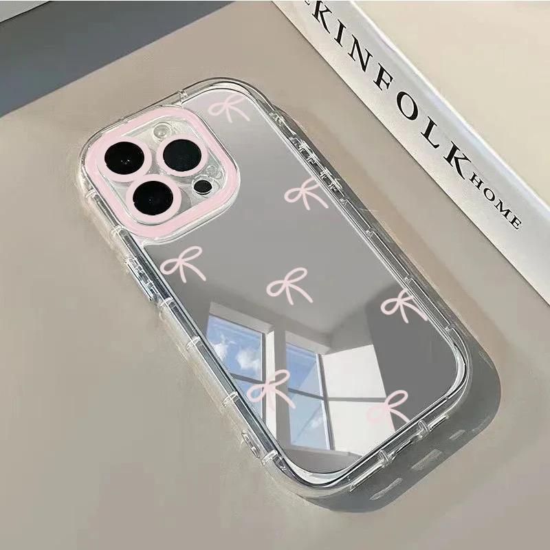 Simple Blue Pink Bow Girl Cute Makeup Mirror Phone Case For iPhone 17 AIR 16 15 14 13 12 11 Pro MAX XR XSMAX 7 8 Plus Y2K Cover