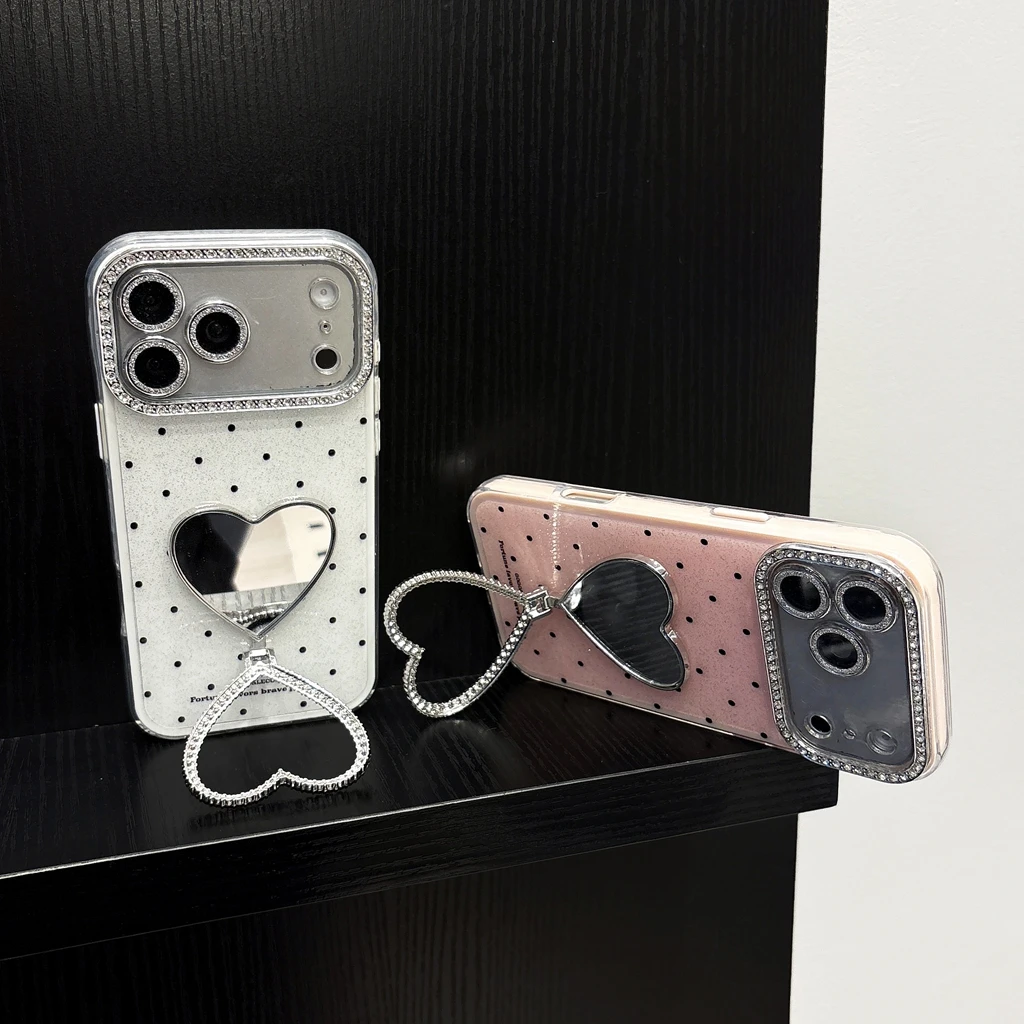 Korean Style Polka Dot Heart Makeup Mirror With Holder Shockproof Protective Phone Cover Case for iPhone 17 16 15 14 13 Pro Max