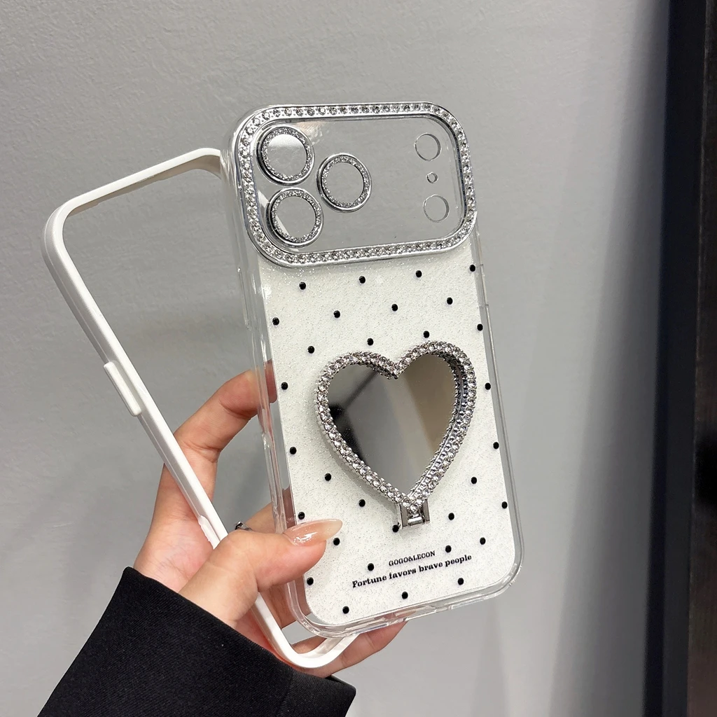 Korean Style Polka Dot Heart Makeup Mirror With Holder Shockproof Protective Phone Cover Case for iPhone 17 16 15 14 13 Pro Max