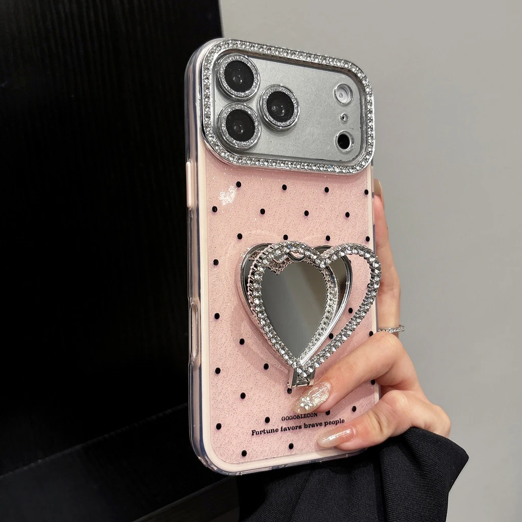 Korean Style Polka Dot Heart Makeup Mirror With Holder Shockproof Protective Phone Cover Case for iPhone 17 16 15 14 13 Pro Max