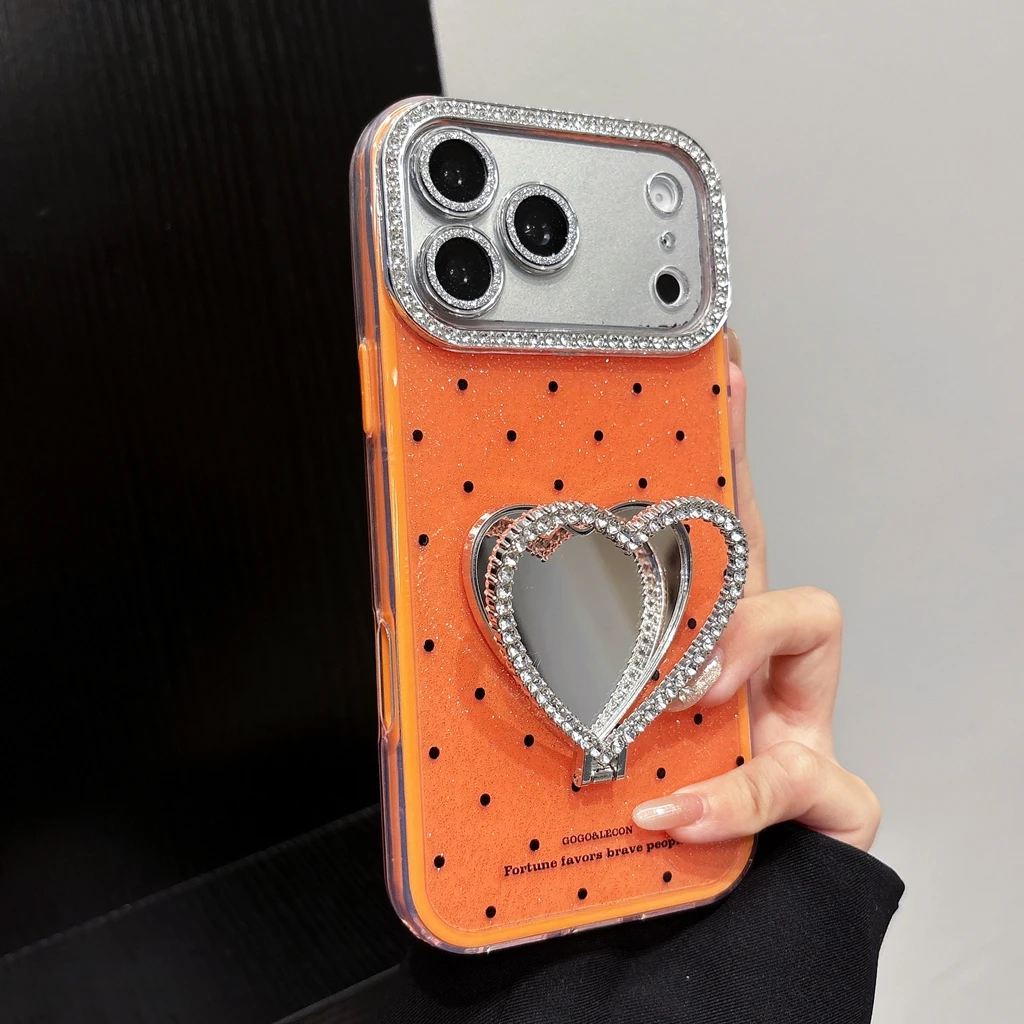 Korean Style Polka Dot Heart Makeup Mirror With Holder Shockproof Protective Phone Cover Case for iPhone 17 16 15 14 13 Pro Max