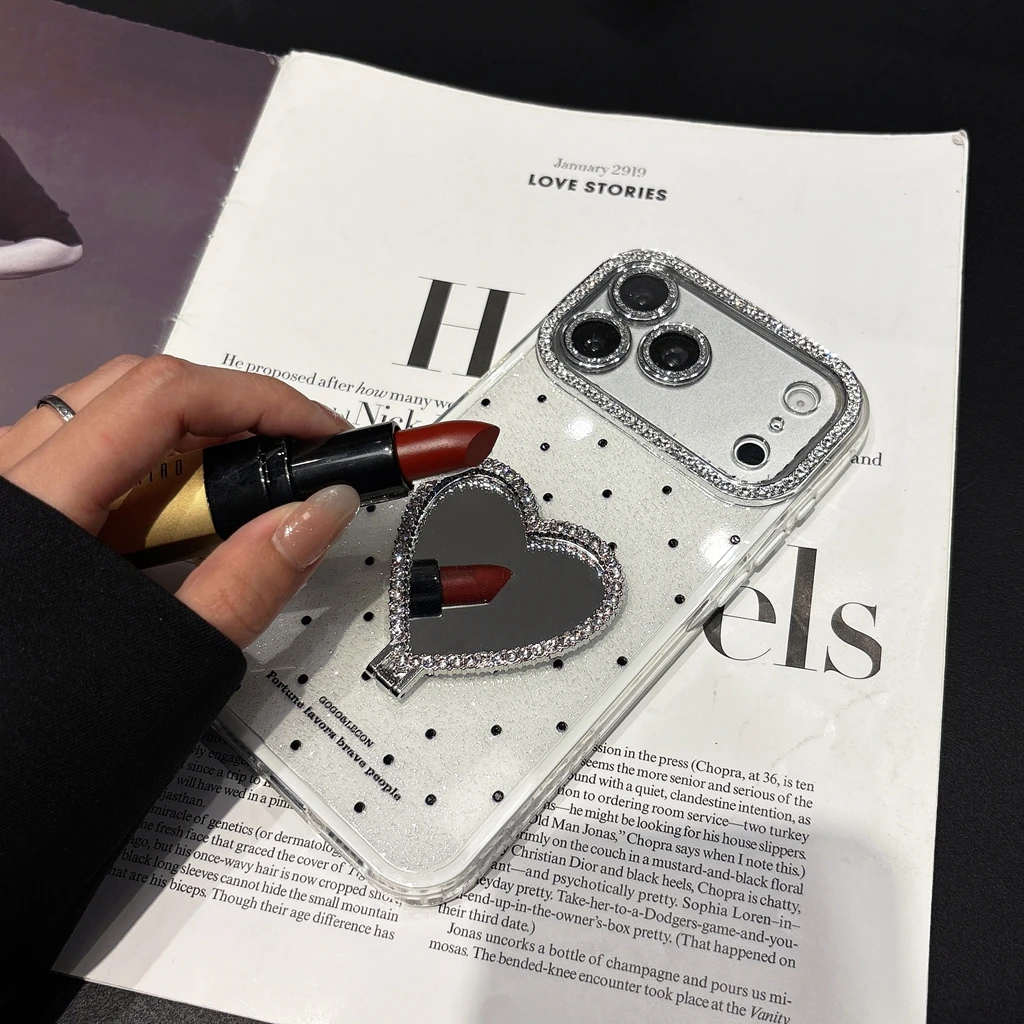 Korean Style Polka Dot Heart Makeup Mirror With Holder Shockproof Protective Phone Cover Case for iPhone 17 16 15 14 13 Pro Max