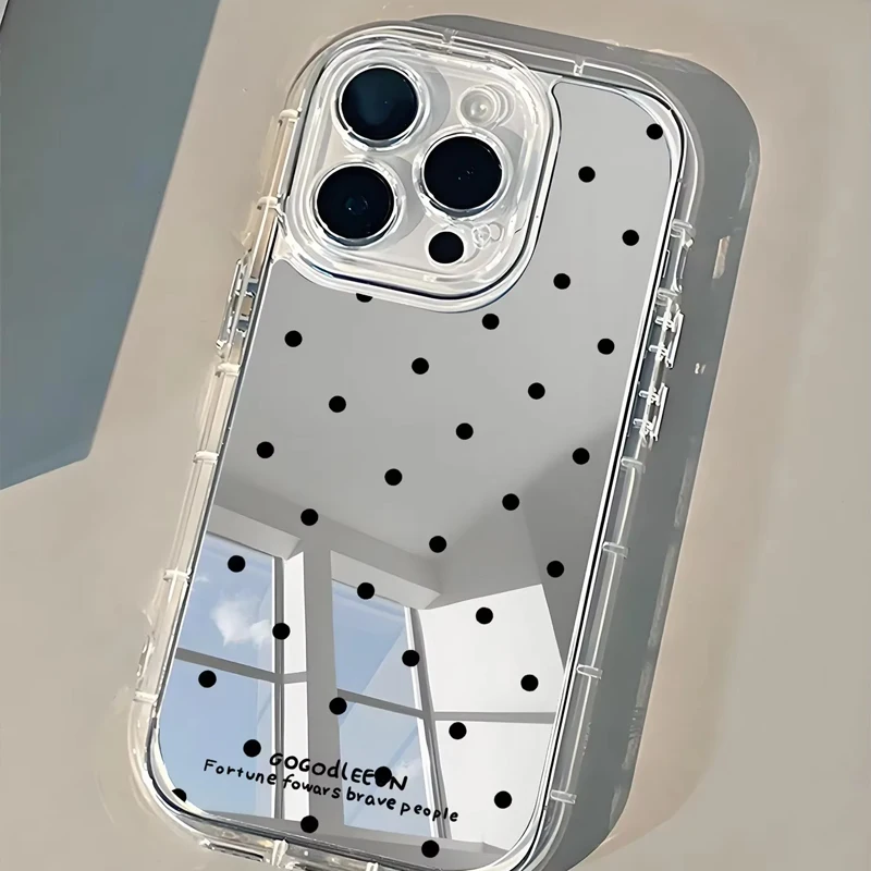 Korean ins Black Polka Dots Soap Makeup Mirror Phone Case For iPhone 17AIR 16 15 14 13 12 11 Pro MAX XR XSMAX 7 8 Plus Y2K Cover