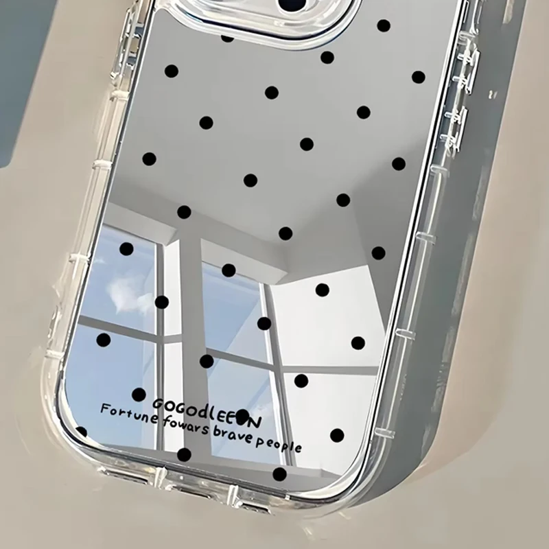 Korean ins Black Polka Dots Soap Makeup Mirror Phone Case For iPhone 17AIR 16 15 14 13 12 11 Pro MAX XR XSMAX 7 8 Plus Y2K Cover