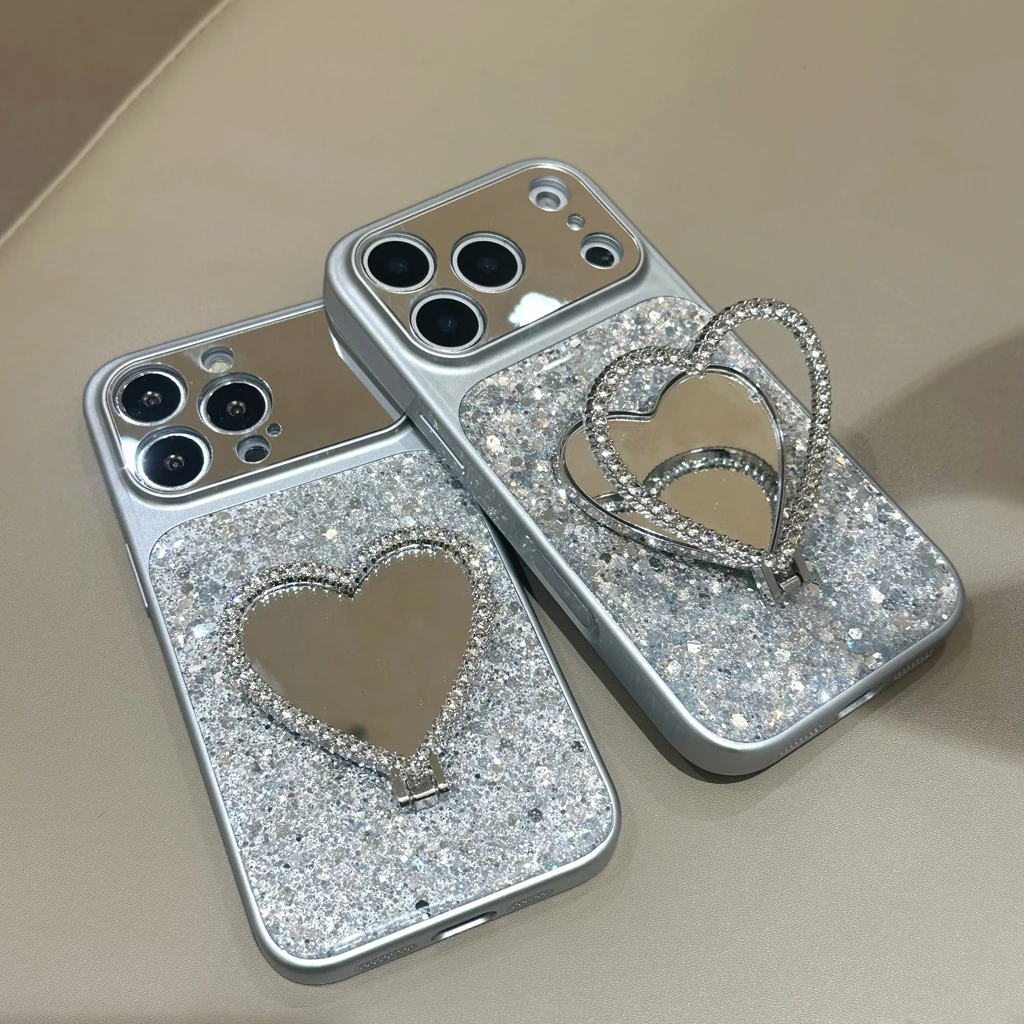 Exquisite Silver Shiny Sequin Love Heart Makeup Mirror With Holder Protect Phone Cover Case for iPhone 17 16 15 14 Pro Max