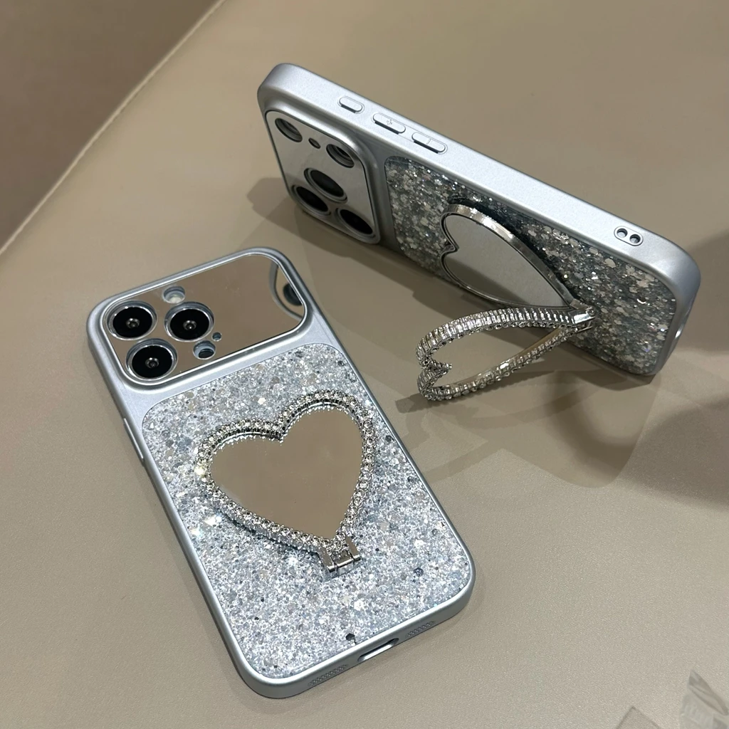 Exquisite Silver Shiny Sequin Love Heart Makeup Mirror With Holder Protect Phone Cover Case for iPhone 17 16 15 14 Pro Max