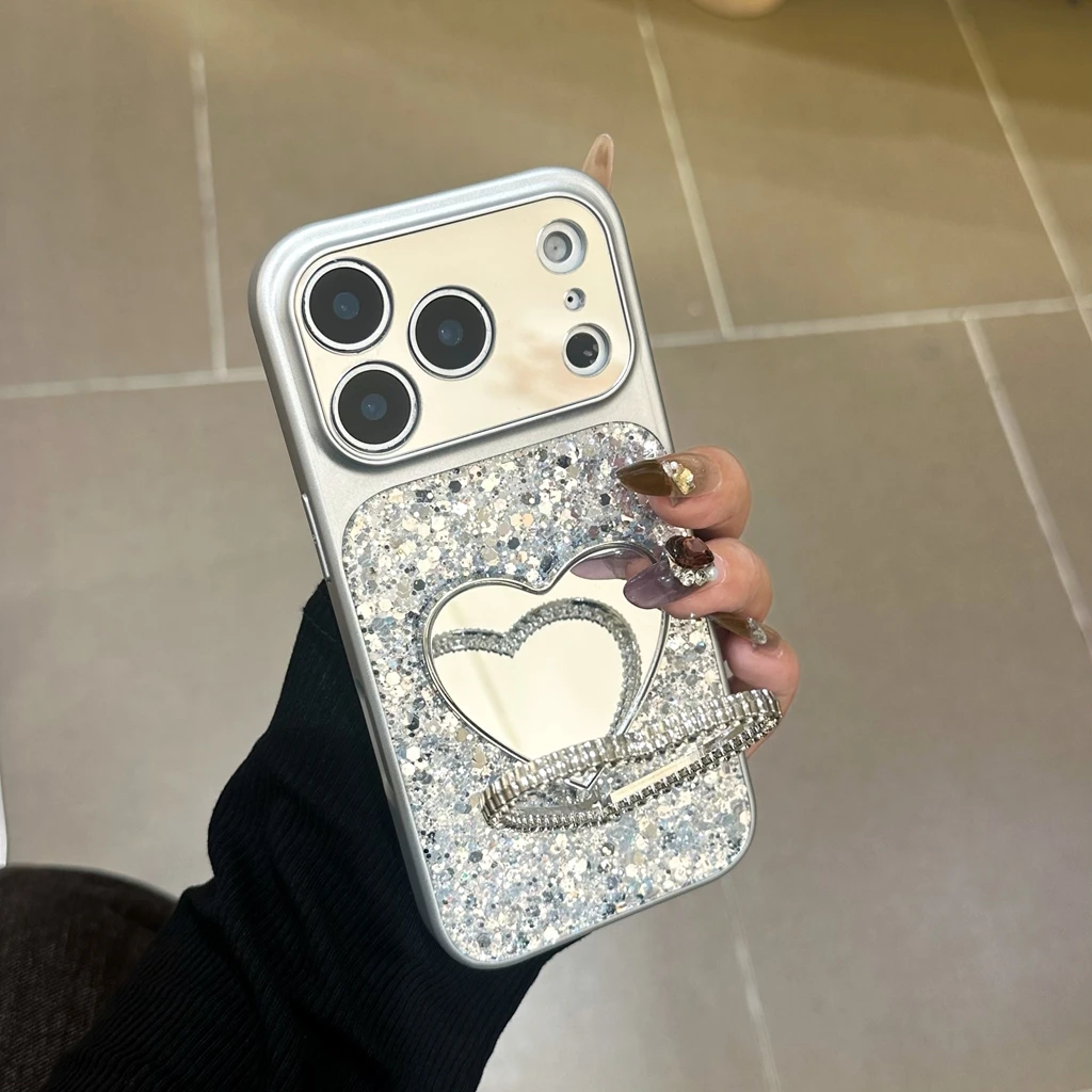 Exquisite Silver Shiny Sequin Love Heart Makeup Mirror With Holder Protect Phone Cover Case for iPhone 17 16 15 14 Pro Max