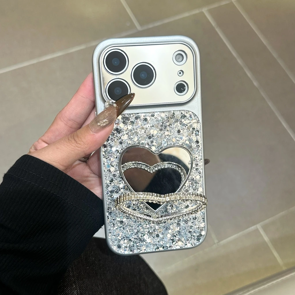 Exquisite Silver Shiny Sequin Love Heart Makeup Mirror With Holder Protect Phone Cover Case for iPhone 17 16 15 14 Pro Max