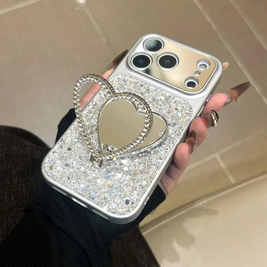 Exquisite Silver Shiny Sequin Love Heart Makeup Mirror With Holder Protect Phone Cover Case for iPhone 17 16 15 14 Pro Max