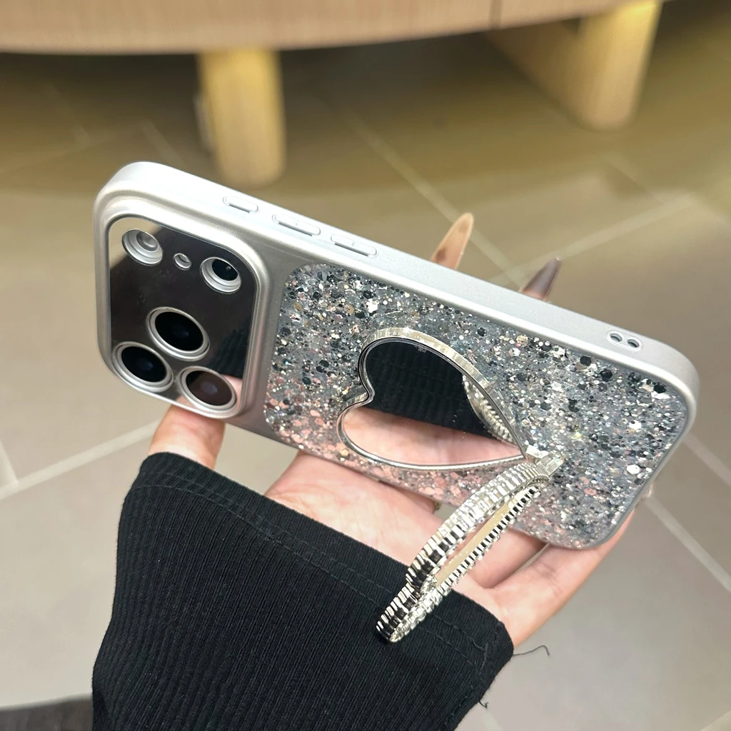 Exquisite Silver Shiny Sequin Love Heart Makeup Mirror With Holder Protect Phone Cover Case for iPhone 17 16 15 14 Pro Max