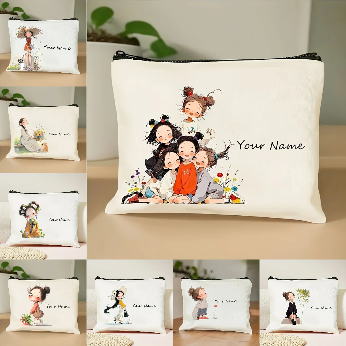 Korean-Style Anime Girl Makeup Bag Custom Name/Text Beauty Case Durable Cloth Travel Organizer Women Chic Gift Storage Pouch