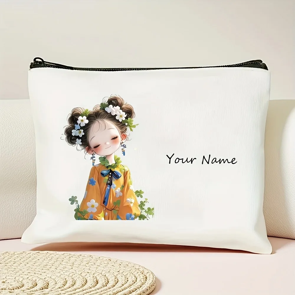 Korean-Style Anime Girl Makeup Bag Custom Name/Text Beauty Case Durable Cloth Travel Organizer Women Chic Gift Storage Pouch