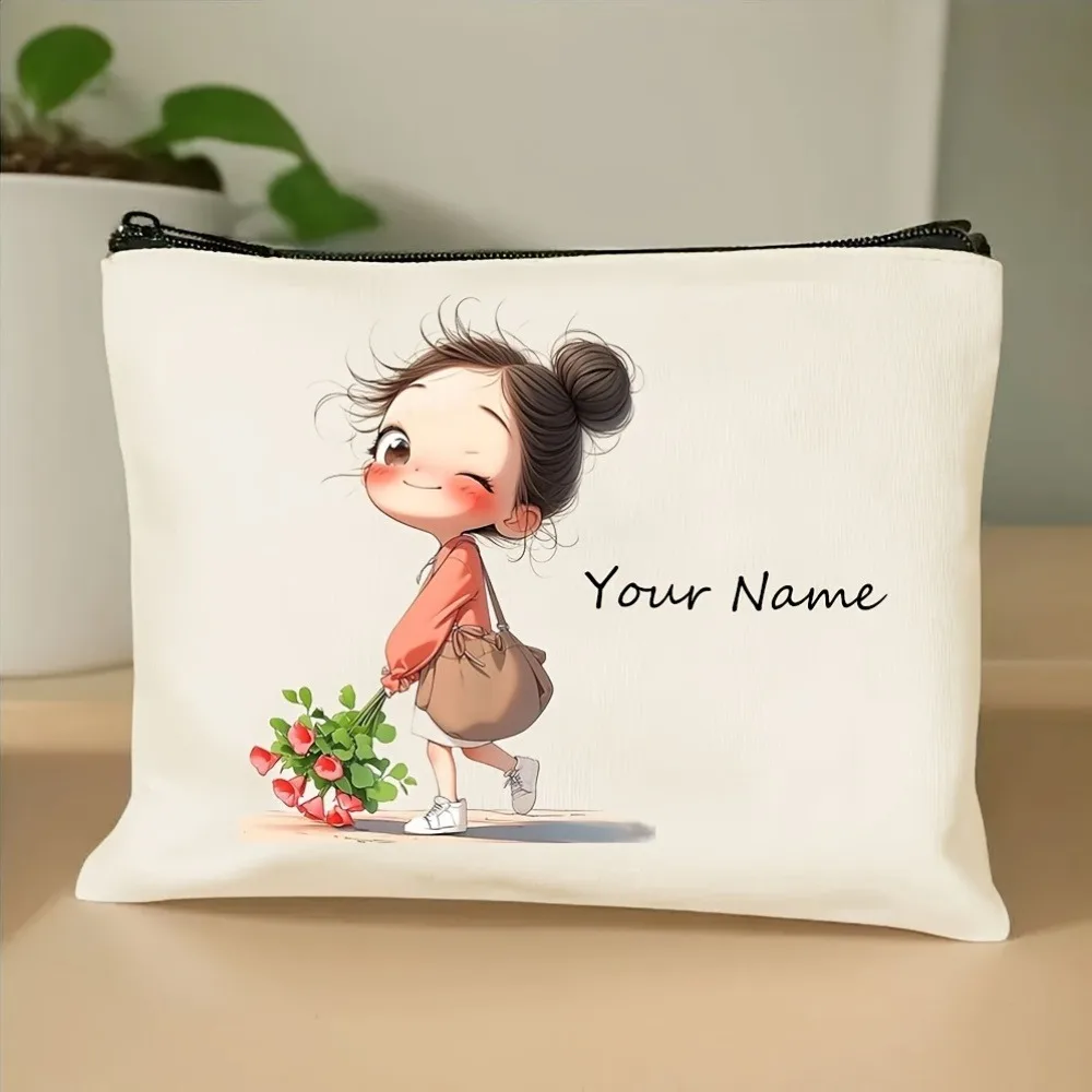 Korean-Style Anime Girl Makeup Bag Custom Name/Text Beauty Case Durable Cloth Travel Organizer Women Chic Gift Storage Pouch