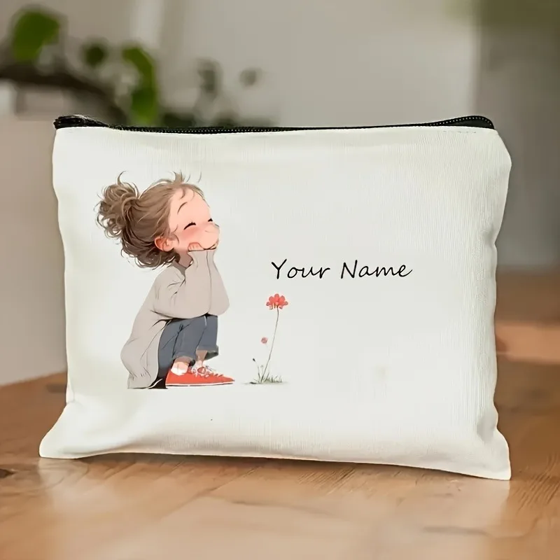 Korean-Style Anime Girl Makeup Bag Custom Name/Text Beauty Case Durable Cloth Travel Organizer Women Chic Gift Storage Pouch