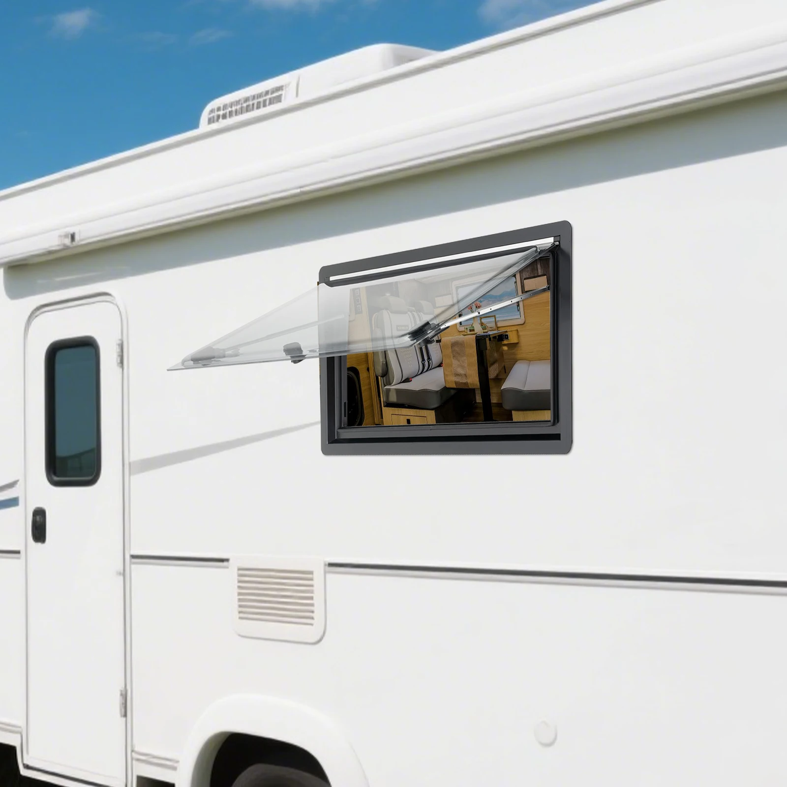 Caravan Ventilation Window 900x500mm Outswing RV Window Double Acrylic w/ Sunscreen Black Frame for Motorhome Camper Van Upgrade