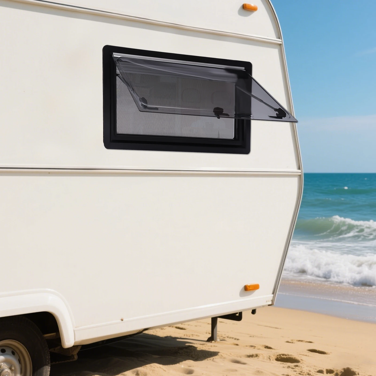 Caravan Ventilation Window 900x500mm Outswing RV Window Double Acrylic w/ Sunscreen Black Frame for Motorhome Camper Van Upgrade