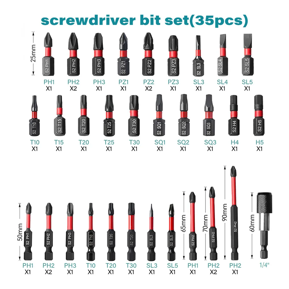 35Pcs Magnetic Screwdriver Bit Set S2 Steel Impact Driver Nut Sockets Anti-Slip High Hardness Tips with Portable Storage Case
