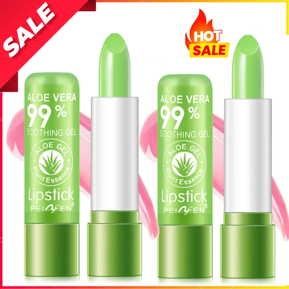 2Pcs Aloe Vera Lipstick,Long Lasting Lip Care Nutritious Plumper Lip Balm Moisturizer Magic Temperature Color Change Lip Gloss