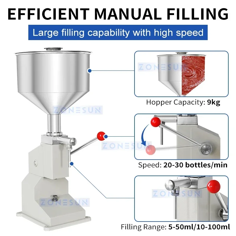 Manual ZS-A03S Manual Paste Honey Filling Machine Stainless Steel Lip Gloss Shampoo Liquid Filler 50ml 100ml